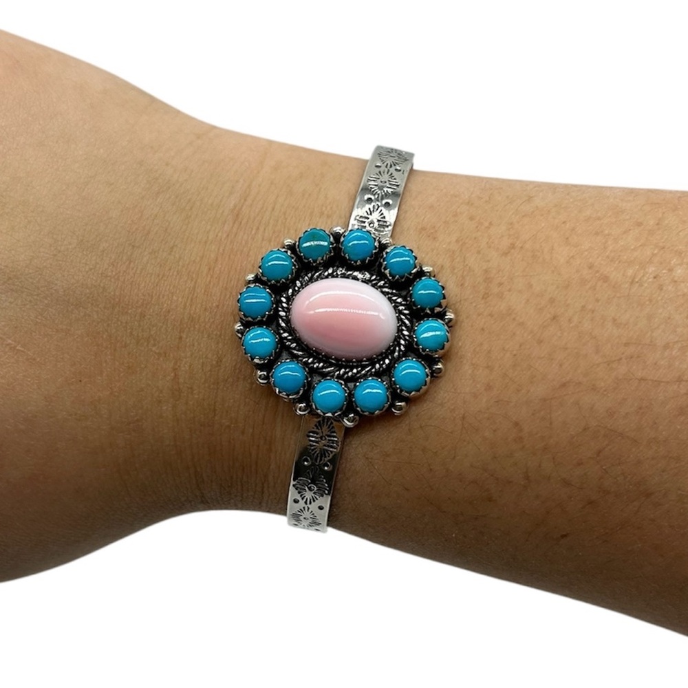 925 Sterling Silver Pink Conch & Kingman Turquoise Cuff Bracelet
